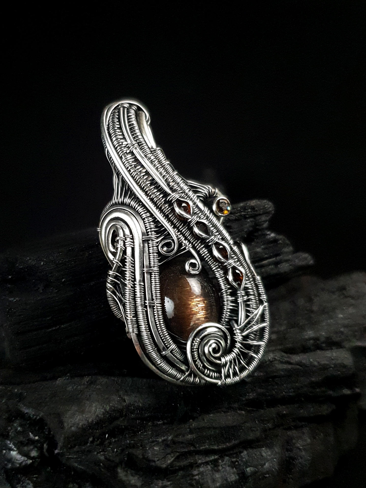 Black Sunstone Tourmalines & Silver wire pendant