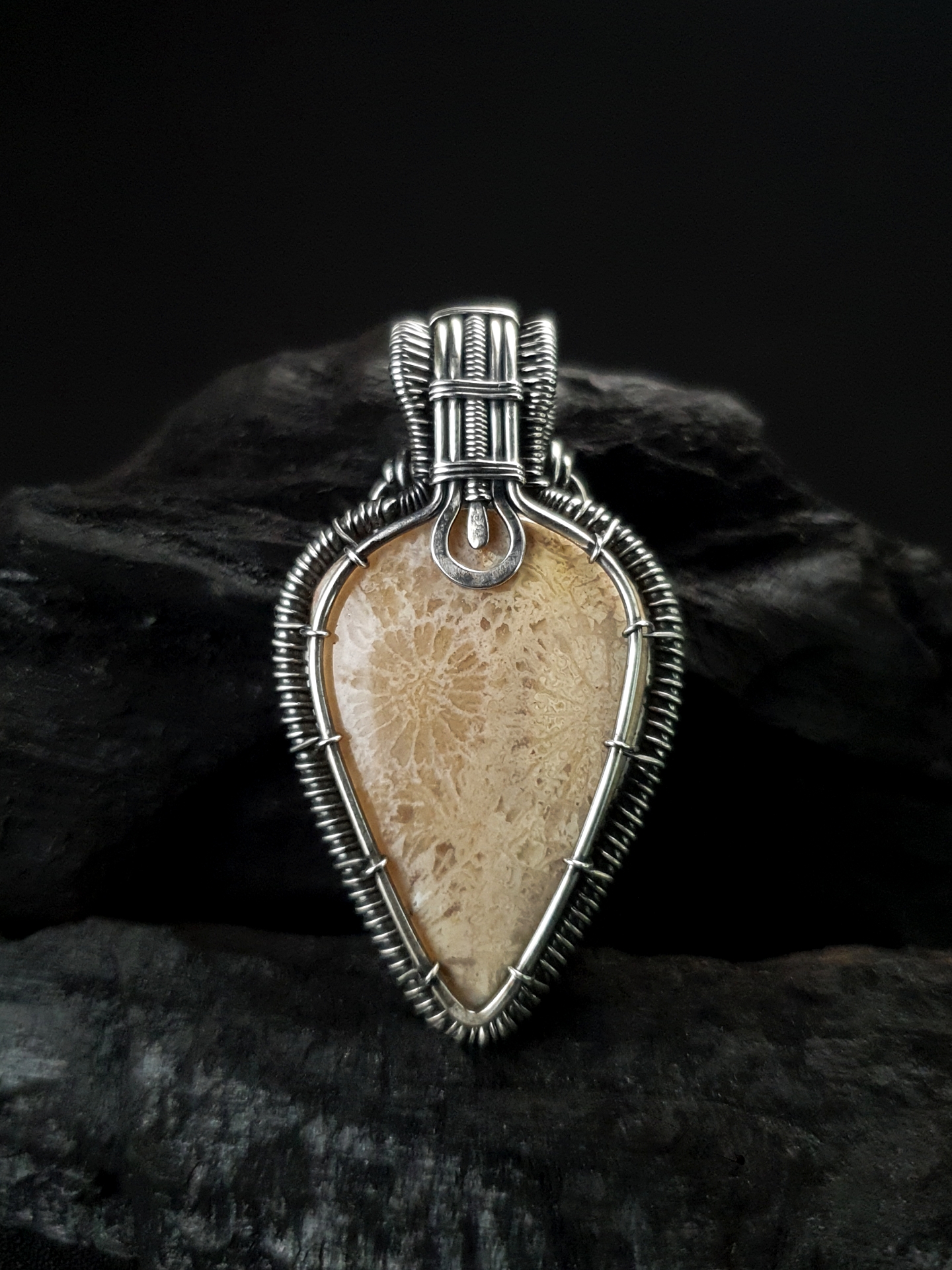 Fossil Coral & Silver wire pendant
