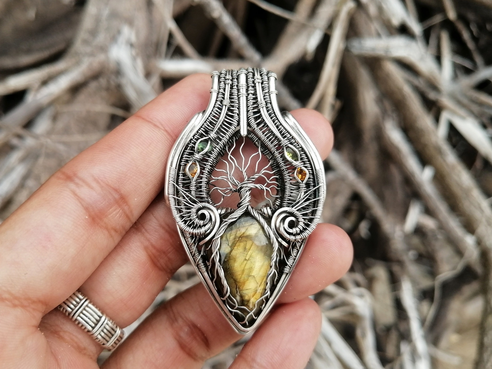 Tree of Life - Labradorite Tourmaline & Silver wire pendant